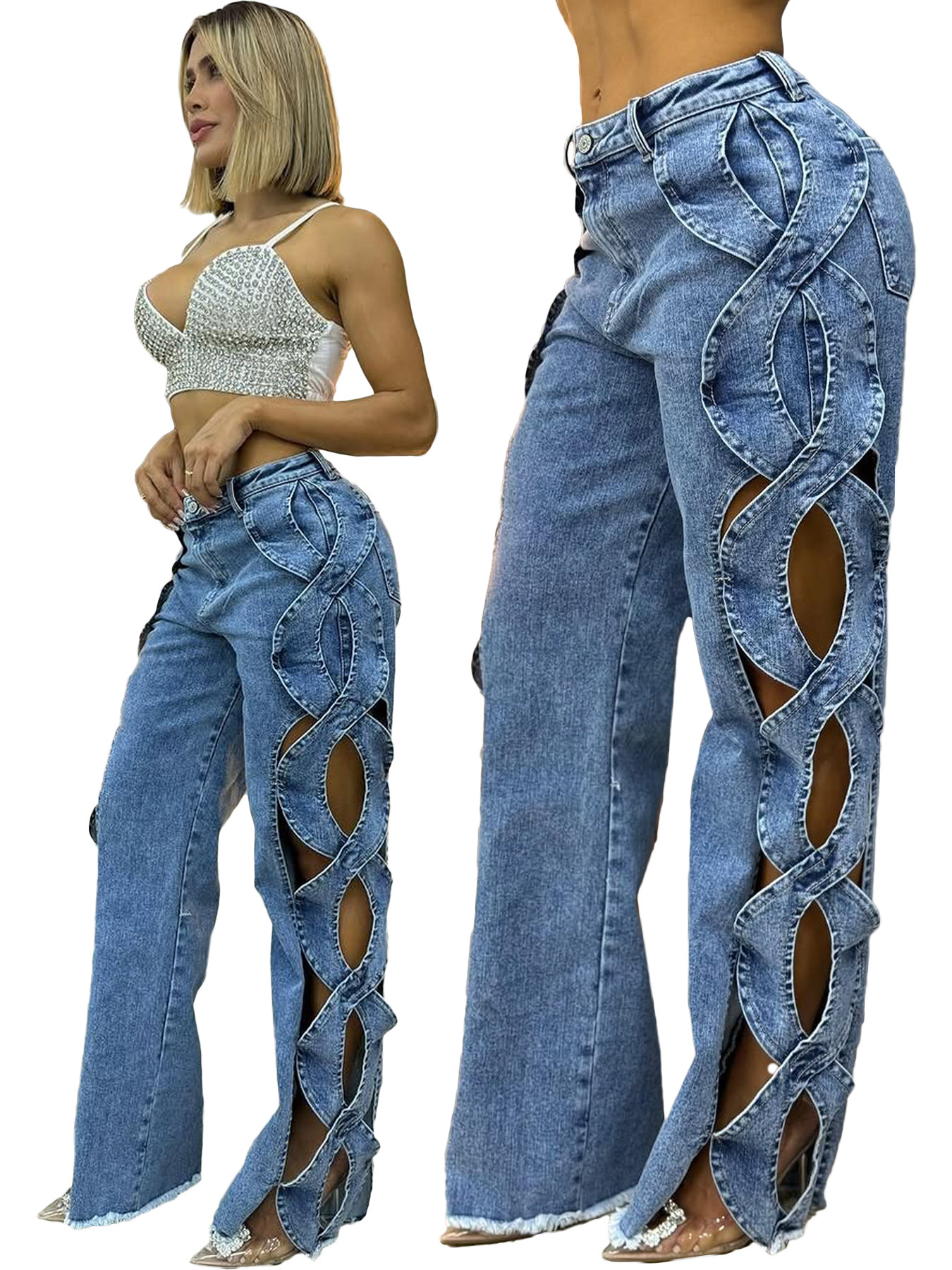 Women's Side Cutout S-Line Denim Pants – Edgy Patchwork Jeans With Distressed Details (Blue/Black-Gray, S-2XL)​_mkmklike.com