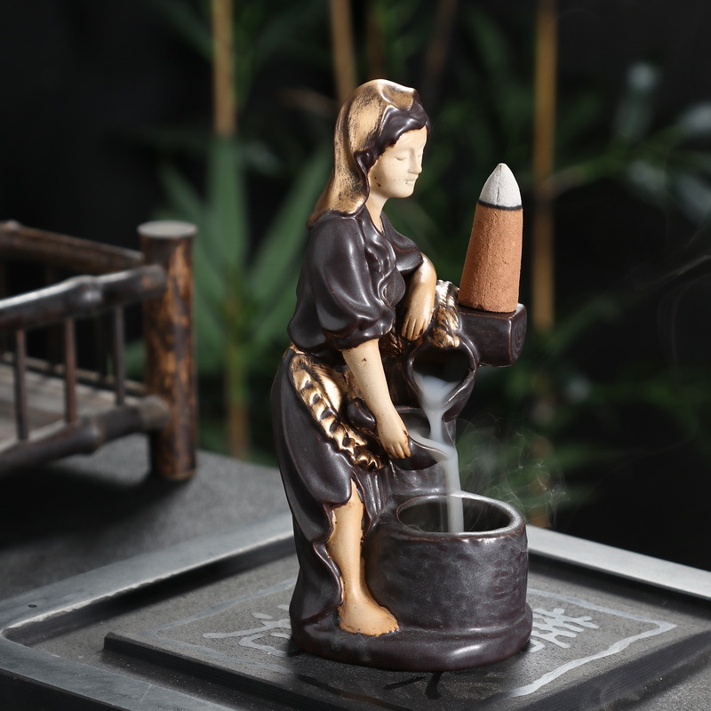陶瓷室内居香道摆件人物打井水少女子妇女倒流香熏炉|ms