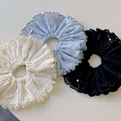 韓国系高級感サテン二重シワ布芸大腸シュシュ気質甘い真珠蝶結紮馬尾頭紐