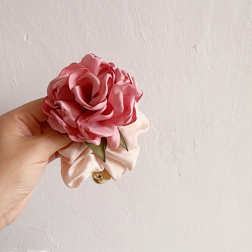 New French pastoral fabric pink large flower girly children's intestine hair rope rubber band headwear hair accessories