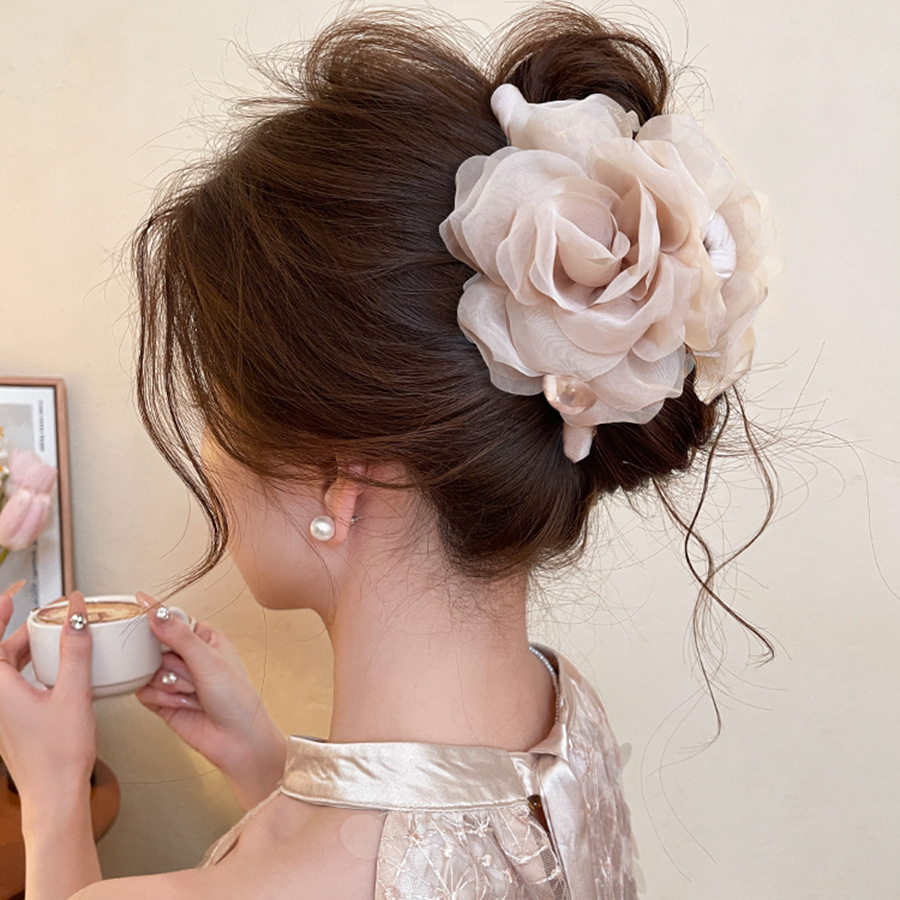 Hilo de malla de tela pinza para el cabello de perlas de flor de rosa sensación de alta calidad, pinza para el cabello de tiburón, pinza de agarre de todo fósforo de moda, accesorios para el cabello