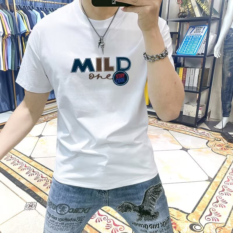 T-shirt col rond pour hommes, polyvalent, décontracté, demi-autocollant, lettre brodée, tendance, manches courtes, mode hiver 2023_voghion.com