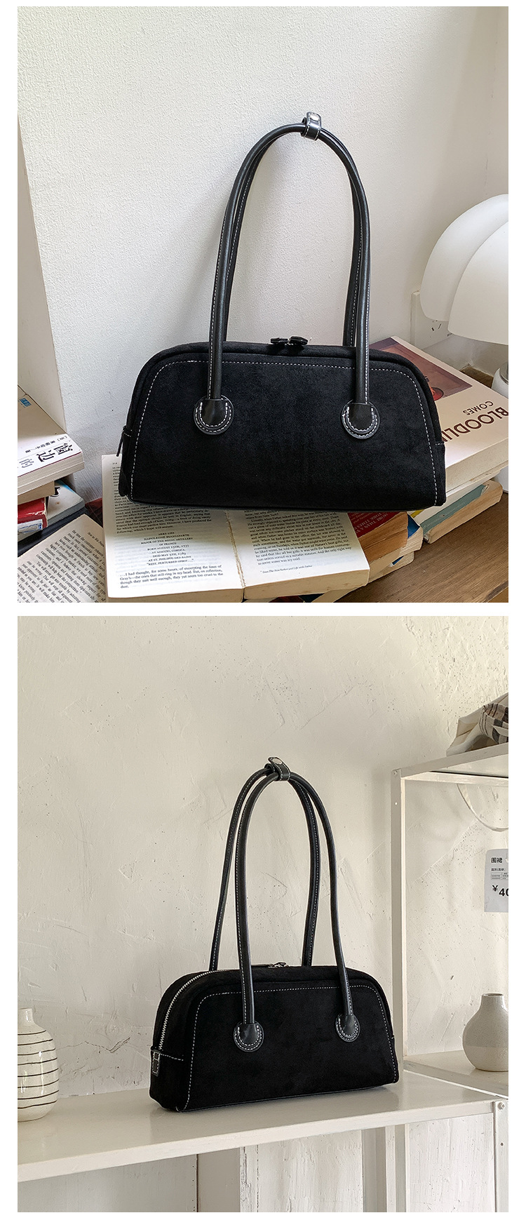 Autumn suede stick with simple leather splicing design, underarm bag, women's plush fashionable versatile shoulder bag_voghion.com