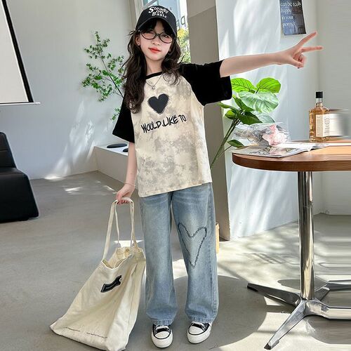 Mid-to-late childhood girls' summer short-sleeve raglan T-shirt, fresh and casual half-sleeve trendy top