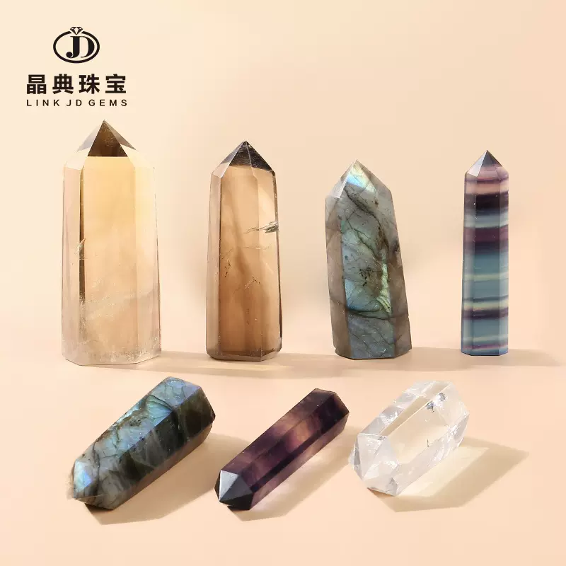 天然白黄粉紫水晶六棱单尖柱原石打磨多种材质能量宝石水晶柱摆件