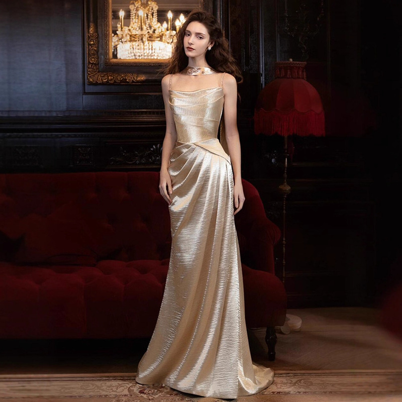Beautiful Luxury Engagement Evening Dress, Classy Accessible Luxury Niche Champagne Color Toast Dress, Bridal Dressing Gown, Banquet Fishtail Skirt Beautiful Luxury Engagement Evening Dress, Classy Accessible Luxury Niche Champagne Color Toast Dress, Bridal Dressing Gown, Banquet Fishtail Skirt