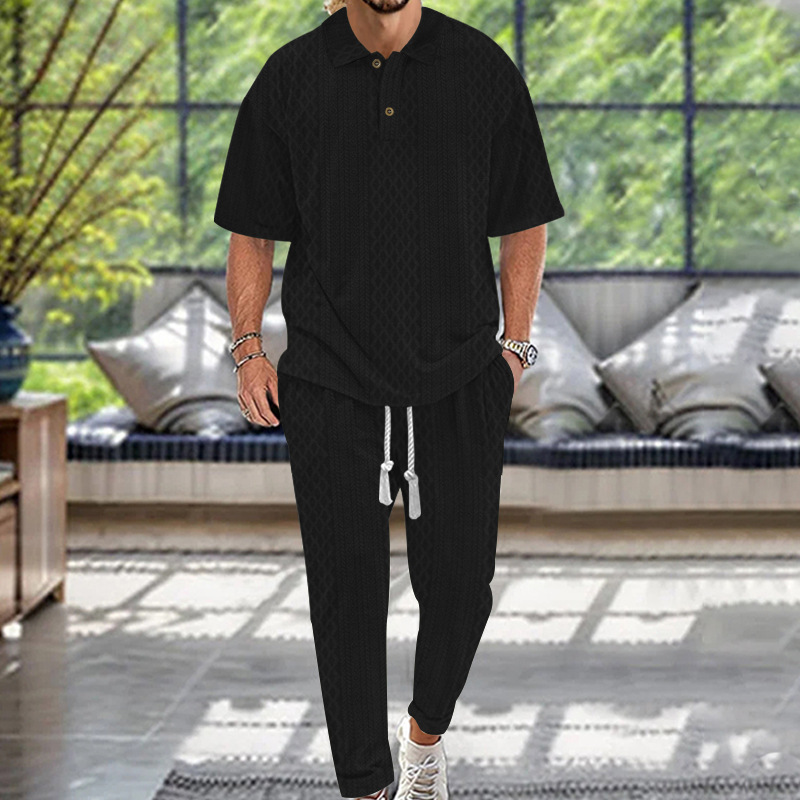 Conjunto de ropa de hombre transfronterizo de verano europeo y americano de color sólido cuello redondo de manga corta deportiva de comercio exterior camiseta de pantalones largos de dos piezas para hombres