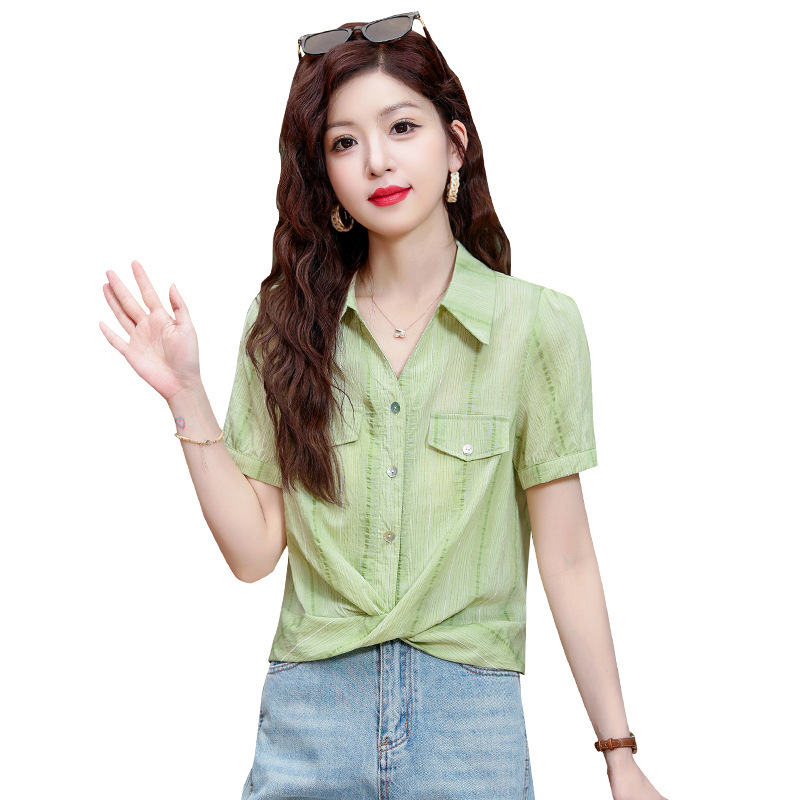 时尚洋气质女士小个子短袖衬衫上衣女装2025夏季新款短款衬衣小衫|undefined