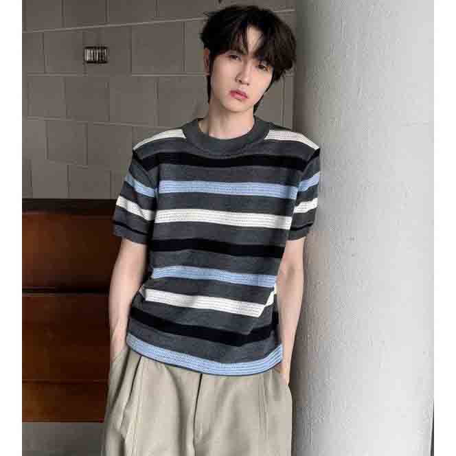 Camiseta de punto de manga corta camiseta de textura de hombres agujeros viejos negocios de hielo de verano fábrica transfronteriza mayorista