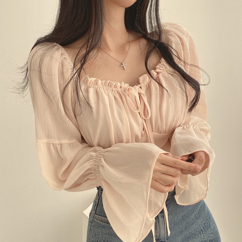 韩国chic早春法式小众木耳边系带方领收腰喇叭袖雪纺衫短款衬衫女