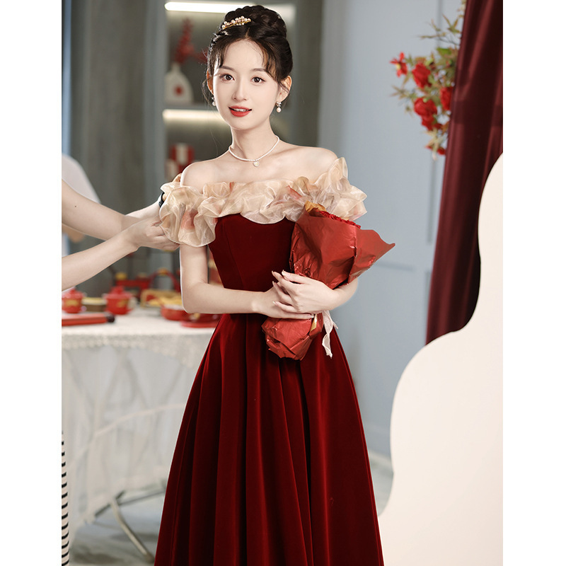 One-Shoulder Toast Dress Red Evening Dress for Bride Women High-Style French Engagement Dress Wedding Velvet Dress