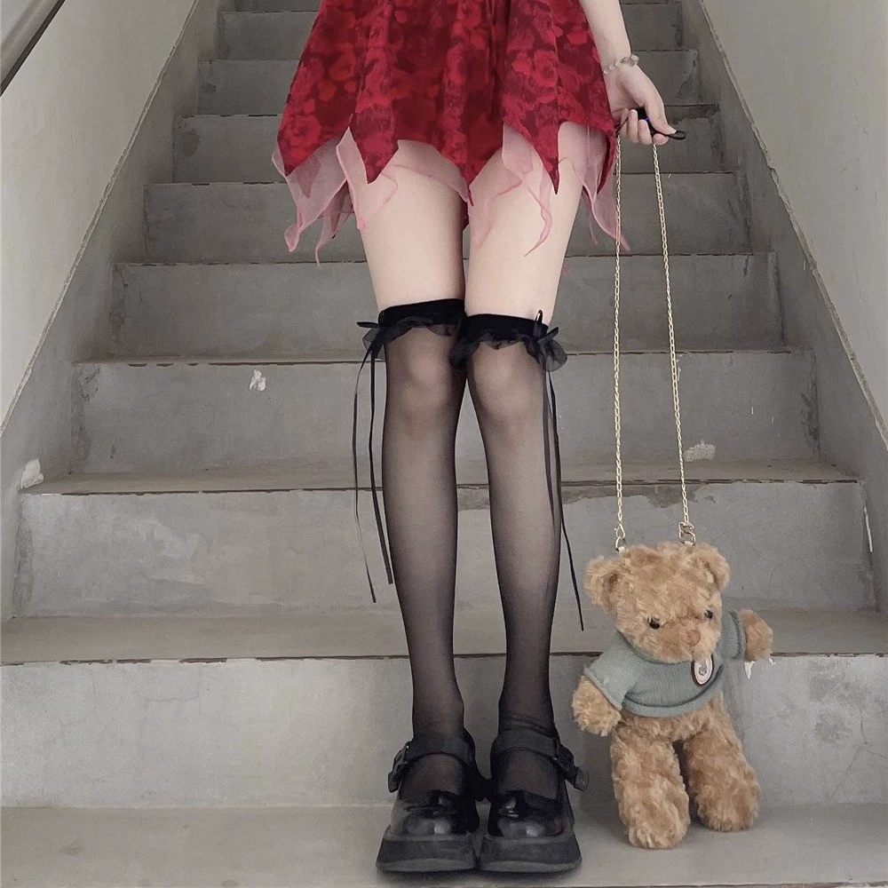 Летние милые белые носки до колена с бантом, стильLolita, средняя длина