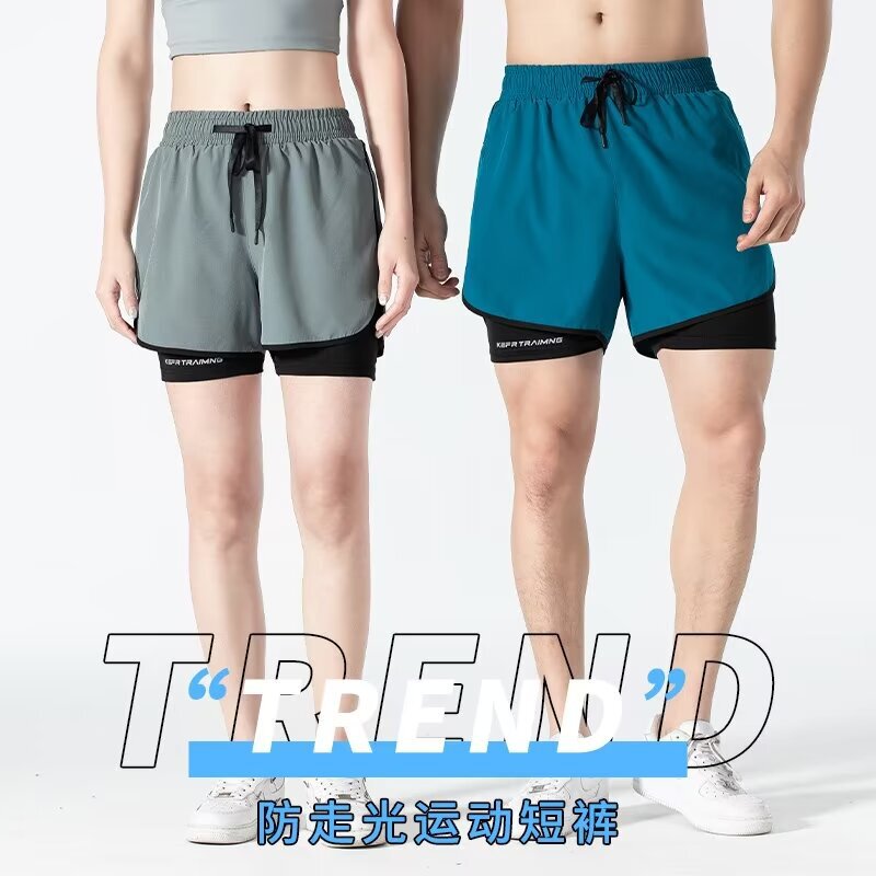 Cross-Border Fake Two-Piece Sports Three-Point Pants Anti-Exposure Double-Layer Sports Three-Point Pants for Men and Women Couple Running Shorts Outdoor