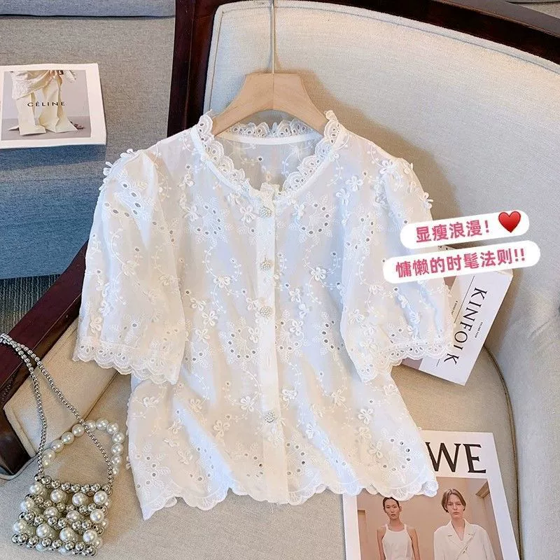 В наличии 2025 новых высококачественных продуктов Nanyou! рубашка с короткими рукавами во французском стиле для женщин, милая и уменьшающая возраст кружевная рубашка на лето