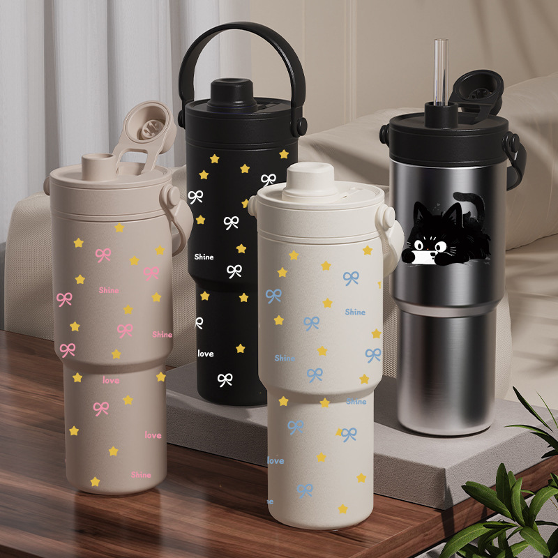 Insulated and Cold Car Cup with Cartoon Pattern, Portable Water Cup, Large Capacity Coffee Cup, High-Looking Stainless Steel Water Cup