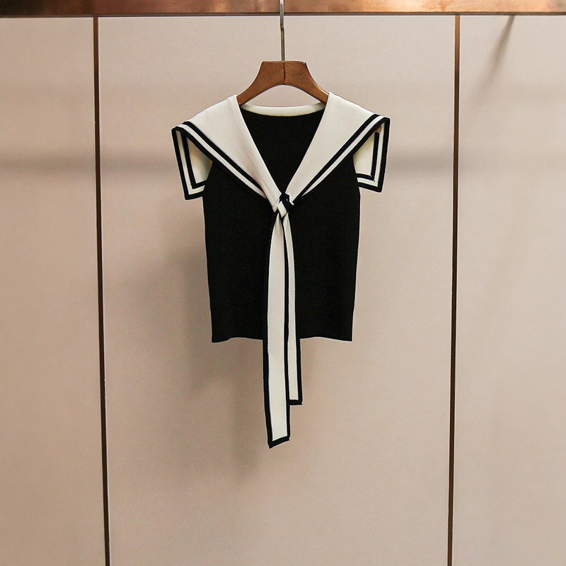 Shenzhen Nanyou High-end Women's Summer New Age-reducing Fashionable Slimming Western Style Navy Collar Knitted Vest Women's Top