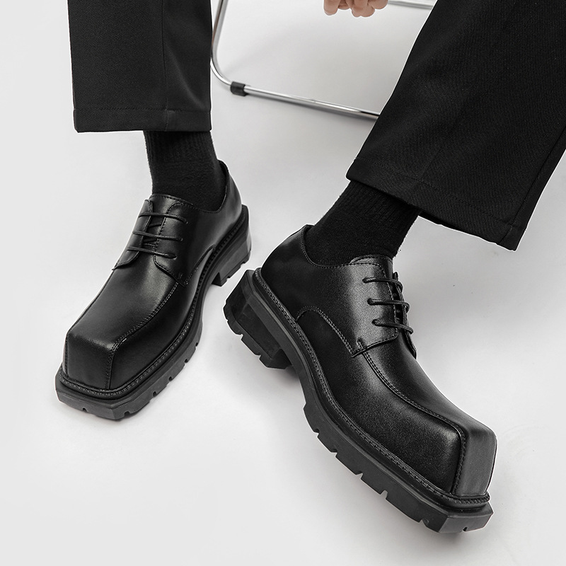 Retro Women's Leather Square Toe Shoes With Thick Platform Sole_voghion.com