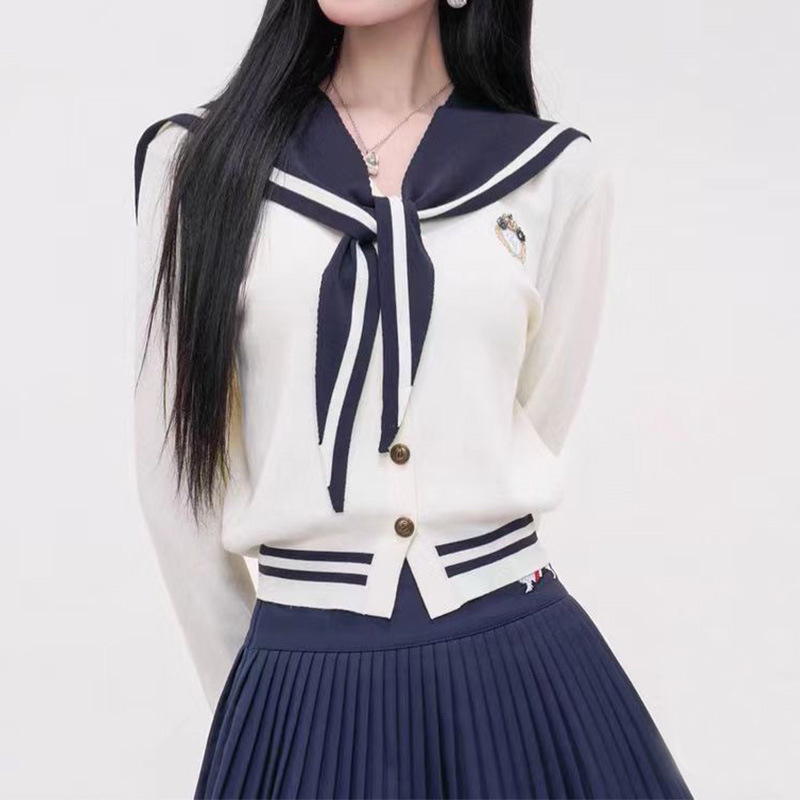 College Style Contrasting Navy Collar Embroidered Badge Long-Sleeved Knitted Cardigan Women's Age-Reducing Versatile Top Sweater