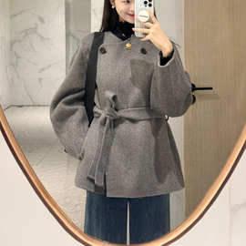 韩系灰色呢子大衣2025新款毛呢外套小个子赫本风高级感休闲系带衣