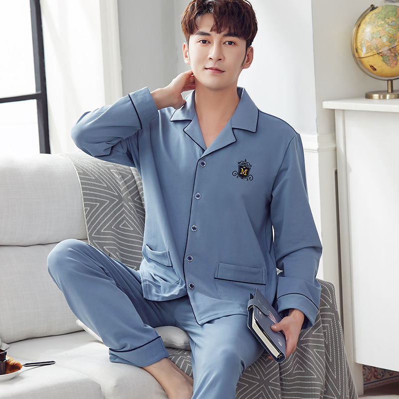 Pijamas de hombre 100% algodón de manga larga primavera y otoño pijamas de hombre joven Otoño e Invierno traje de homewear de mediados de verano