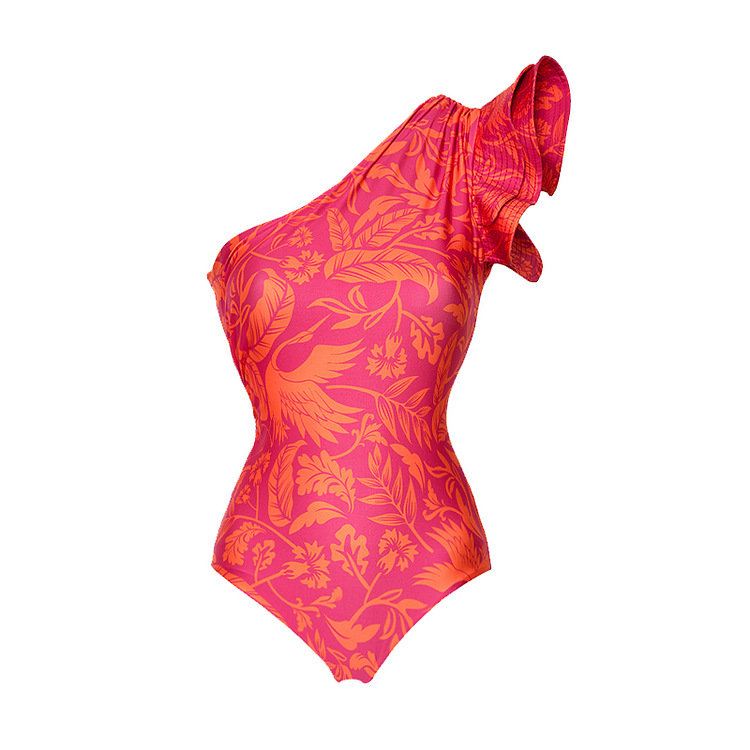 Bodysuit Tops Type Women's Sexy Leaf Bird Ruffles One Piece Swimwear