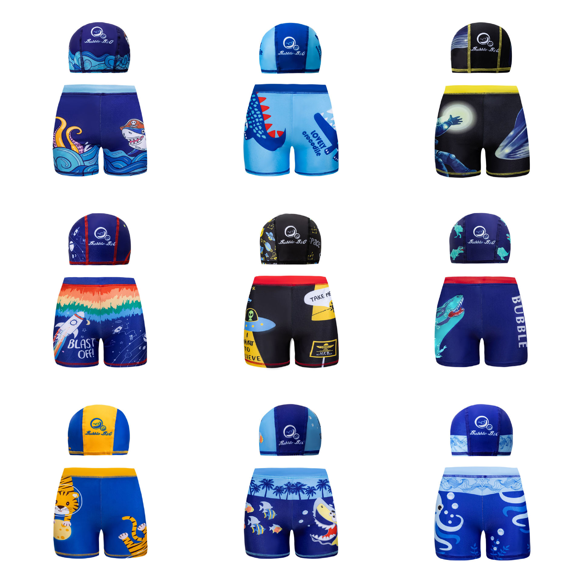 Cross-Border Children's Swimming Trunks, Boys' Swimming Trunks and Swimming Cap Set, Quick-Drying Cartoon Print, Medium and Large Children's Lace-Up Boxer Swimming Trunks