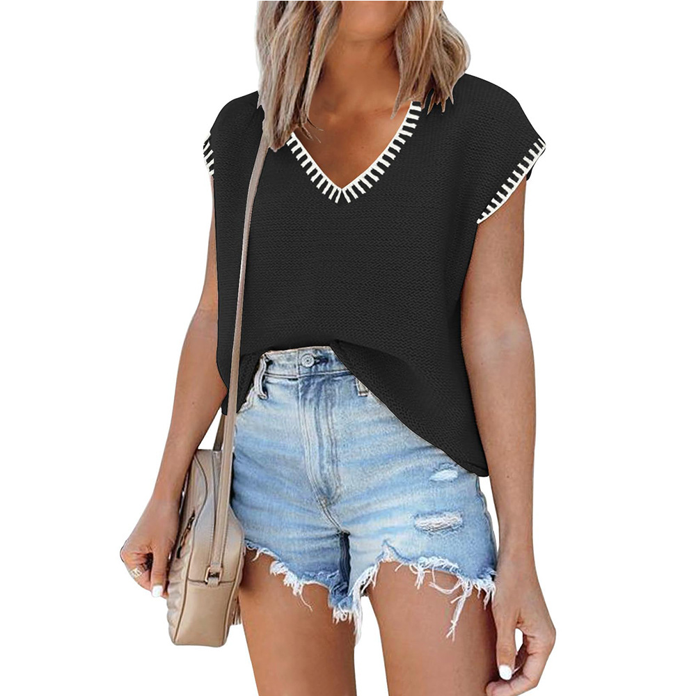 2026 Summer New Cross-Border European And American Women's Pullover V-Neck Short Sleeve Striped Knitted Sweater_voghion.com