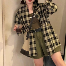 美拉德系列学院风复古格子衬衫外套女春秋季bm宽松中长款衬衣上衣