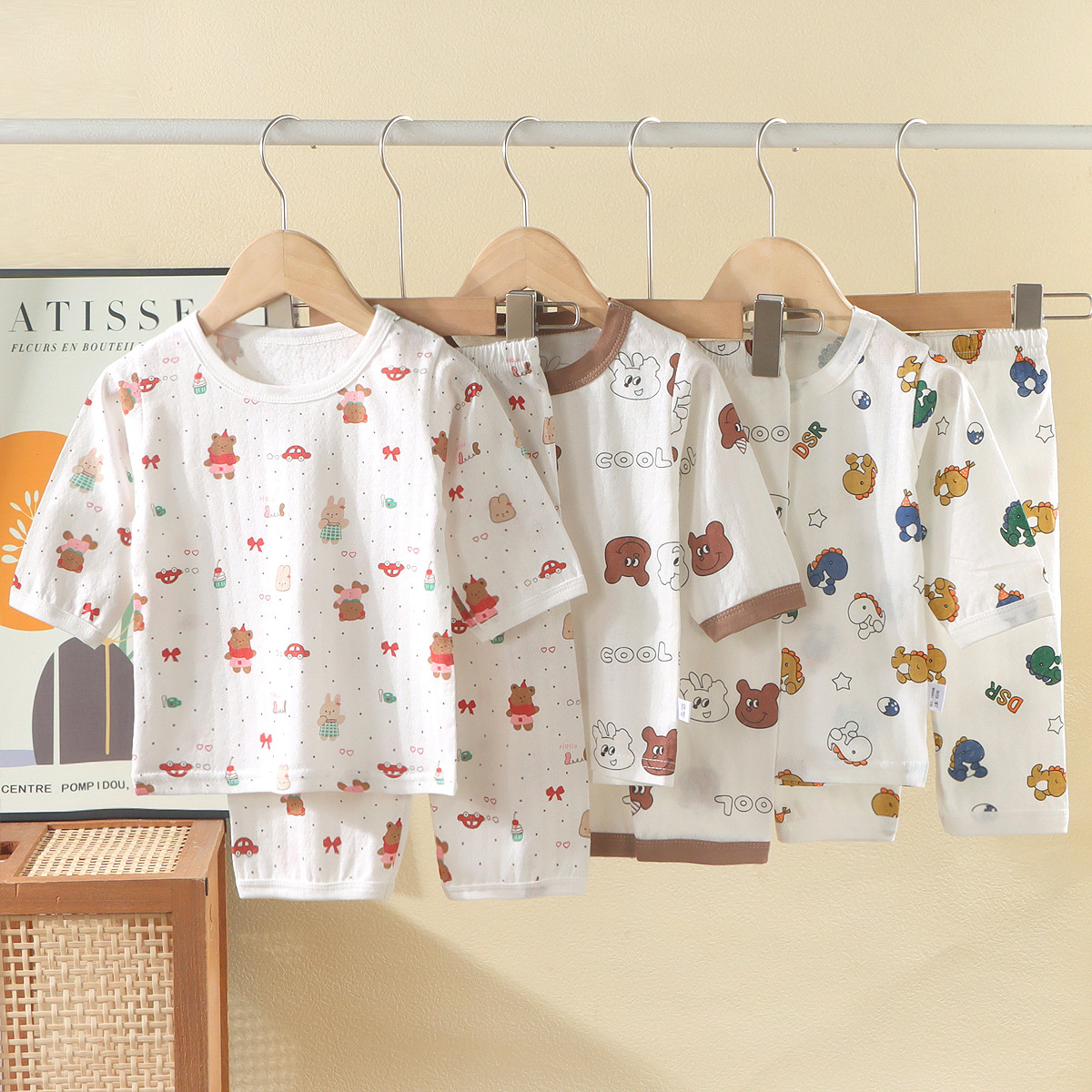 Children's summer cotton jacquard suit baby pajamas thin boys and girls home clothes loose sweat-absorbent children's clothing wholesale