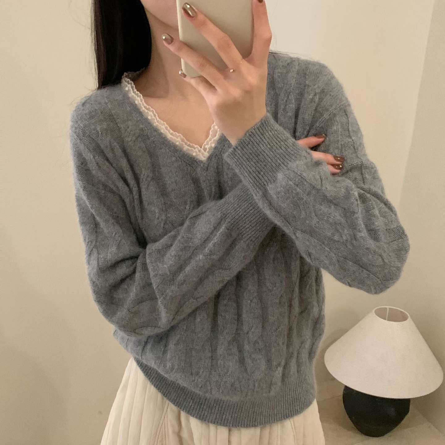 25冬女装羊毛衫韩系优雅V领甜美花边粗绞花羊毛兔毛绒针织衫毛衣