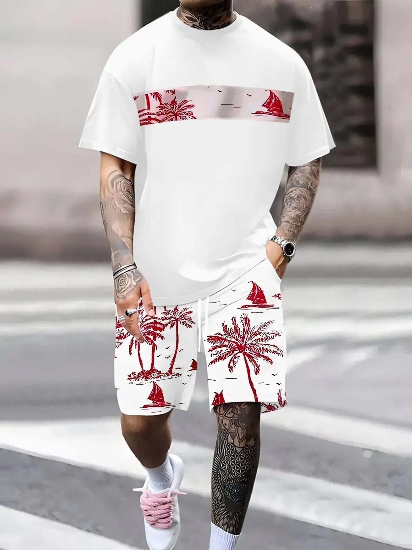 Summer 3D Sailboat Print Men's Suit Casual Loose Fit Versatile Comfortable Everyday Wear_viptrois.com