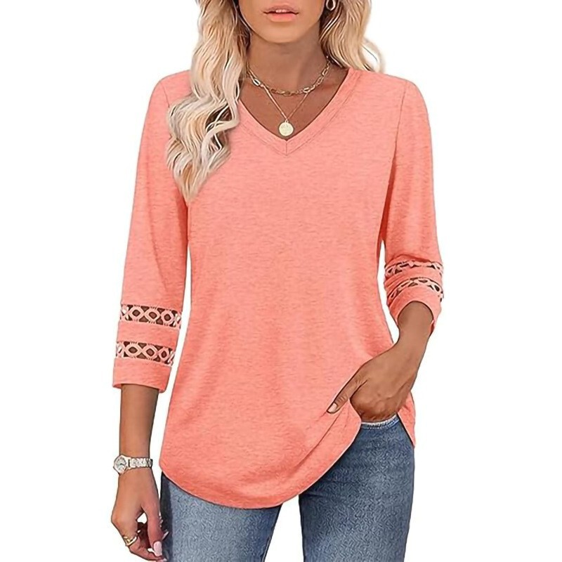 European and American Fashion Solid Color Loose V-Neck Three-Quarter Sleeve Women's 2025 New Round Neck Hollow-Out Casual Top