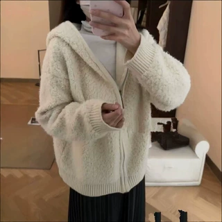 韩系慵懒高级感连帽拉链毛衣外套开衫女秋冬加厚软糯冬季洋气爆款