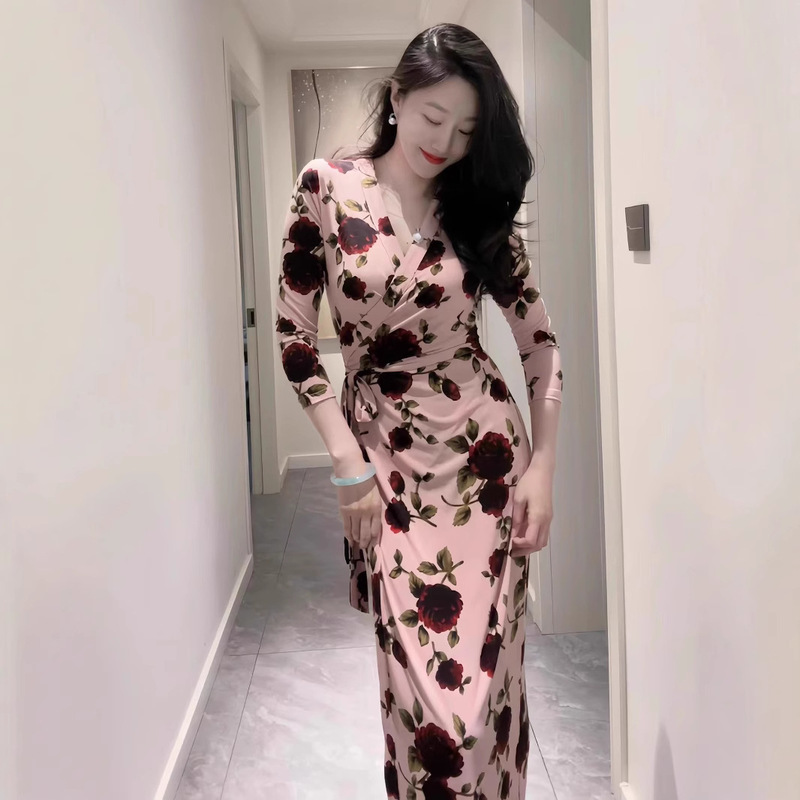 2025 Pink Rose Print Wrap Dress One-piece Split Waist Elegant Slim-fit Tea Break dress Women