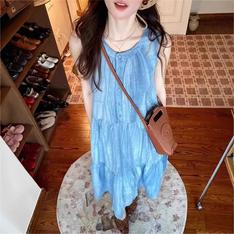 Blue Sleeveless Tank Top Suspender Dress for Women, Summer 2026 New Style, High-End Seaside Vacation French-Style Long Dress