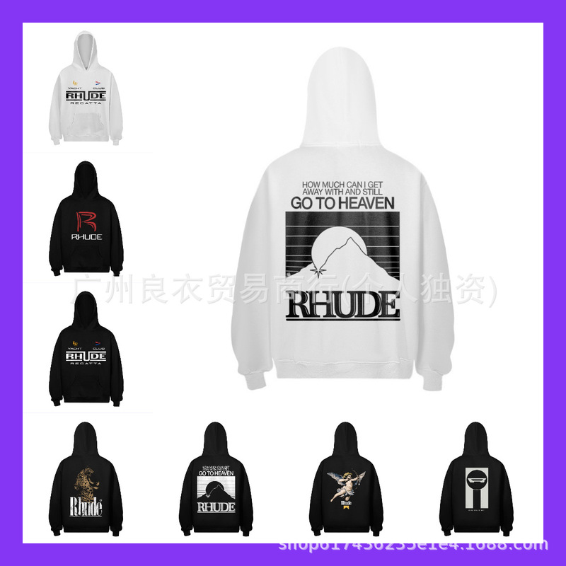 Rhude Classic Large R Letter Print High Street Couple's Retro Washed Vintage Casual Versatile Hooded Sweatshirt Ins