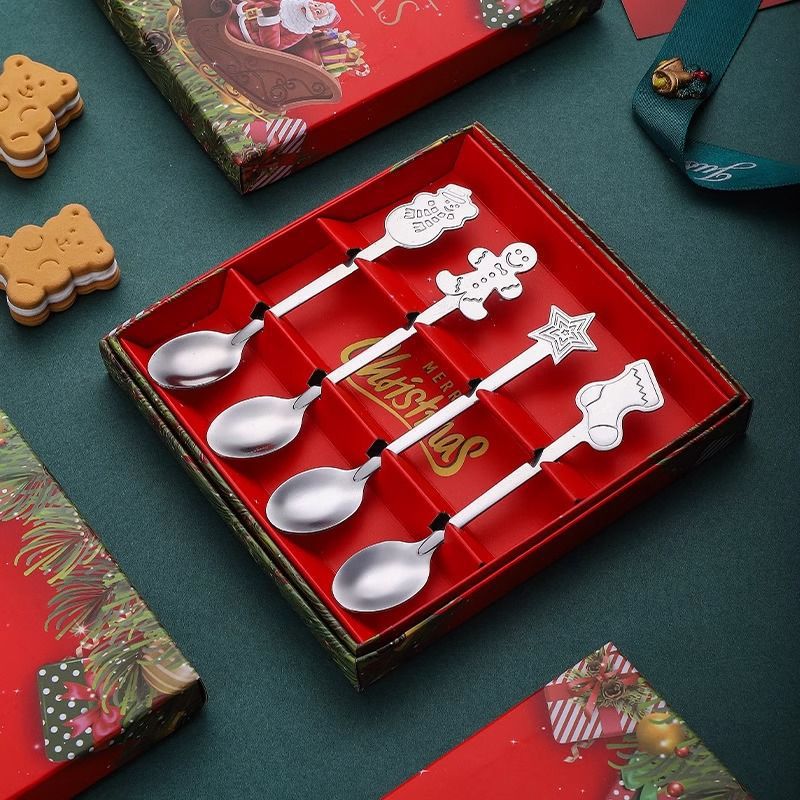 Inswind cuchara de acero inoxidable agitación de cabeza redonda creativa de Navidad café caja de regalo de Navidad set de postre cubierta sin