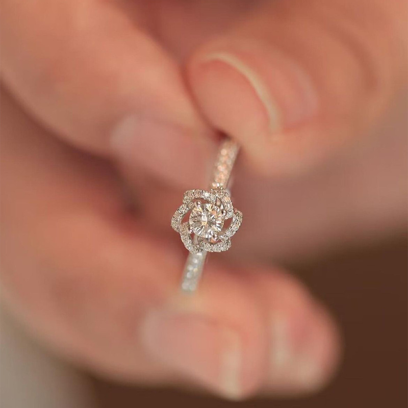 Personalized Rose Flower Blooming Diamond Ring Girl's Finger Internet Red Wedding Ring Full Diamond 1 karat Blooming Ring