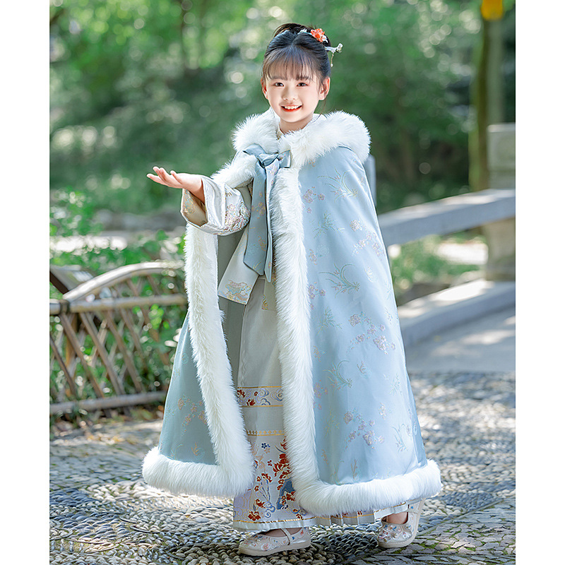 Blue Girls' Hanfu Hooded Cloak Fairy Hair Collar Chinese Style fleece-lined Thickened fleece-lined Long Cloak for Little Girls