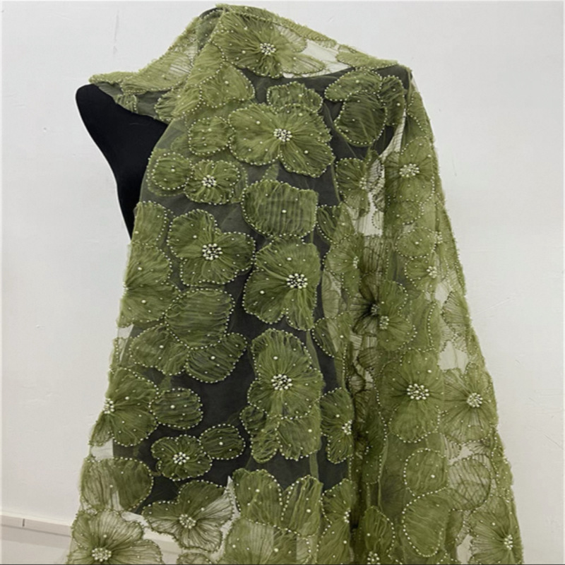 新款不规则立体盘花重工钉珠蕾丝布料 DIY礼服连衣裙珍珠点缀辅料