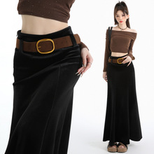 实拍 黑色金丝绒鱼尾半身裙女2025秋冬新款高腰垂感a字大摆长裙