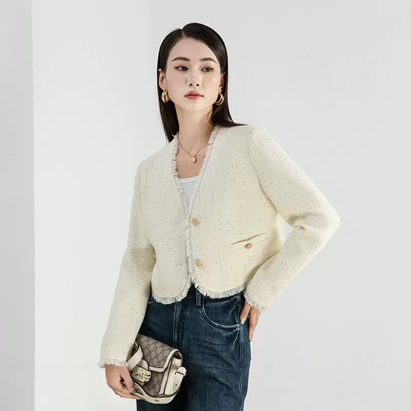 小复风名媛简约流苏边短款外套女2024秋季新款垫肩气质宽松上衣