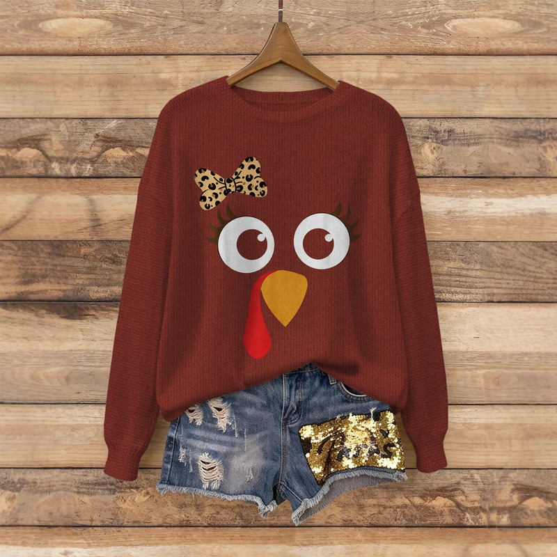 Cross-Border Thanksgiving Fun Turkey Print Knitted Pullover Women's Round Neck Loose Sweater European and American Versatile Top