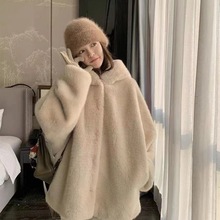 仿天鹅绒兔毛连帽毛毛外套中长款皮草秋冬新款棉服遮肉防寒慵懒风