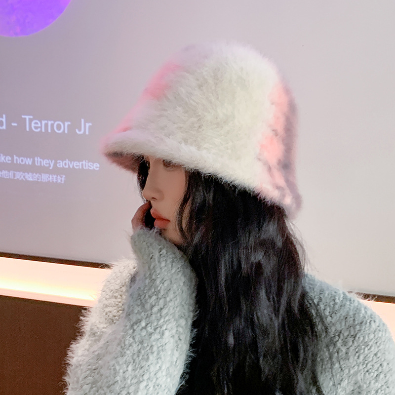 Versione coreana del nuovo cappello a secchiello in pelliccia a contrasto di coniglio tinto in cravatta di fascia alta autunno e inverno per le gite all'aperto da donna,_voghion.com