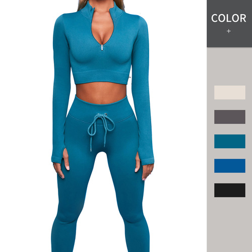 Cross-border sports running fitness clothing solid color zipper yoga clothing long-sleeved drawstring hip-lifting long pants yoga clothing set for women