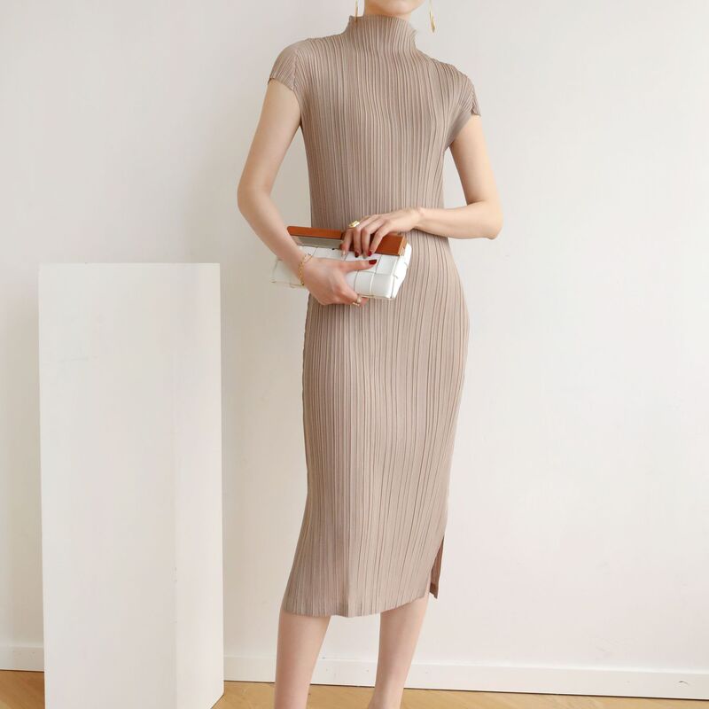 Factory Direct Supply Summer Pleated Classy Fashion Slimming Half Turtleneck Side Slit Cheongsam Dress Pleats