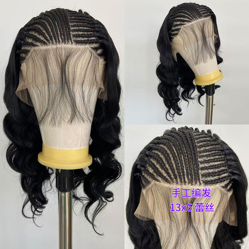 European and American Synthetic Fiber Wigs 13*6 Cos Style Big Wave Curly Hair High-Temperature Fiber Front Lace Hair Handmade Braids Cross-Border