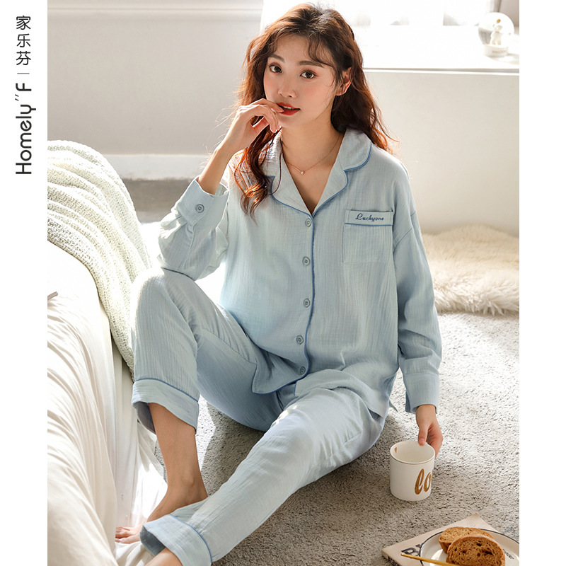 睡衣女春夏季长袖100%纯棉纱布全棉家居服春季春秋款薄款套装
