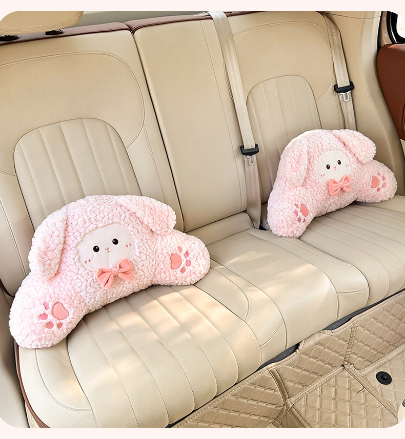 Cute Car Headrest and Lumbar Support, Comfortable Car Neck Pillow, Cartoon Creative Plush Bunny Car Lumbar Support Pillow